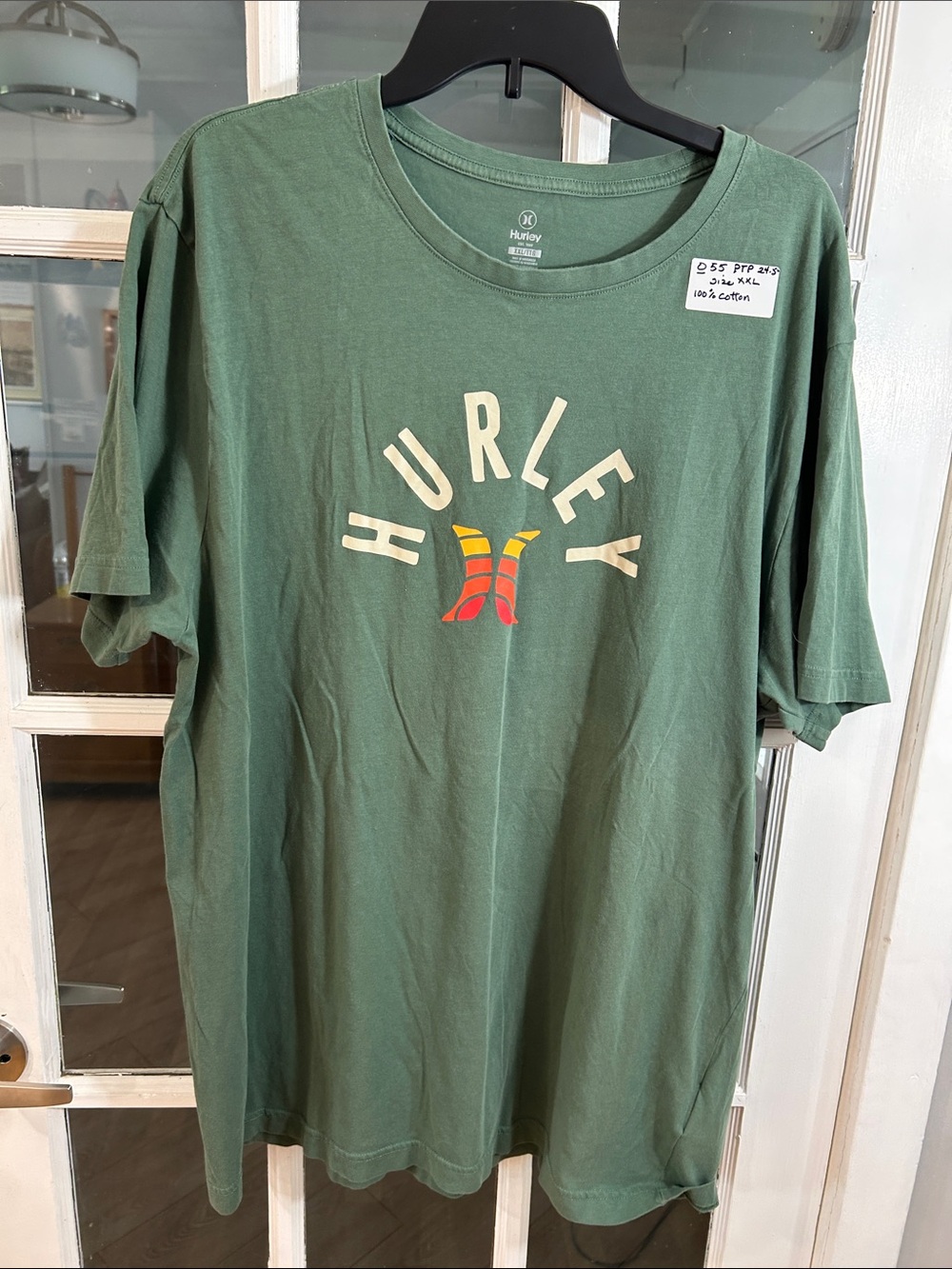 O55. Hurley Olive Green Tee with Cream Logo Print